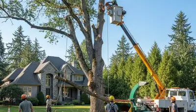 Professional arborists performing safe tree removal with crane equipment in Bellevue, NE
