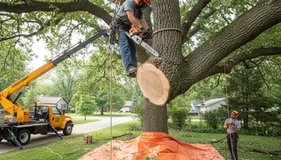 Arborist removing dead branches from mature tree in Bellevue, NE using bucket truck and safety gear