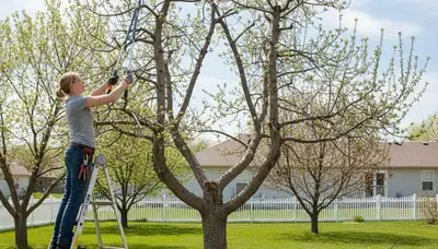 Arborist pruning mature fruit tree in Bellevue NE backyard for healthy growth and productive orchard care