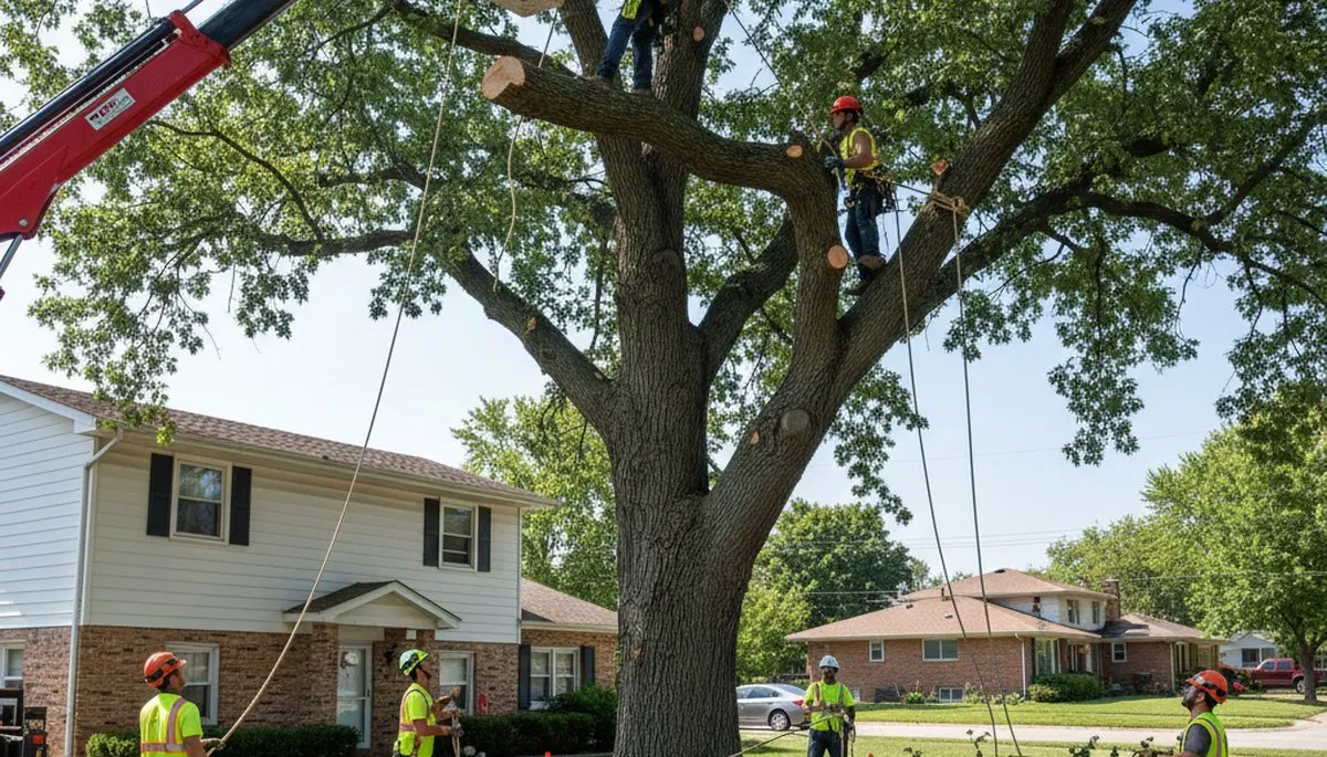 Arborists performing large tree removal in Bellevue, NE with bucket truck and rigging equipment