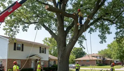 Arborists performing large tree removal in Bellevue, NE with bucket truck and rigging equipment