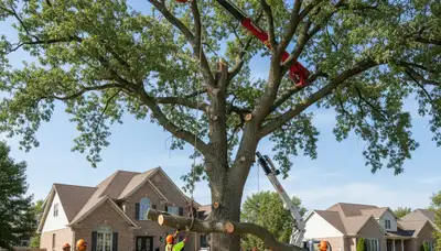 Arborists performing large tree removal with bucket truck in La Vista, NE near Bellevue homes