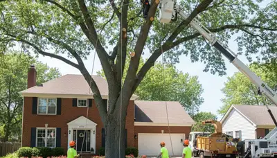 Arborists performing large tree removal with bucket truck in Bellevue, NE residential neighborhood