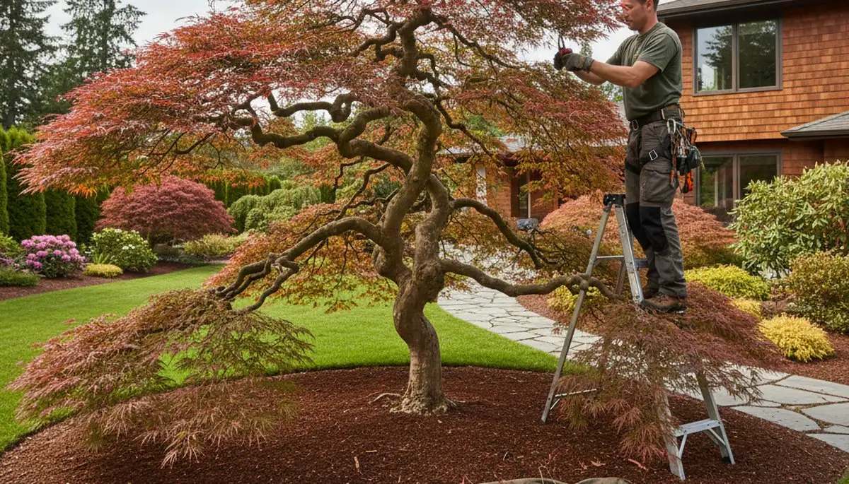 Arborist hand pruning ornamental Japanese maple for curb appeal in Bellevue, NE landscape