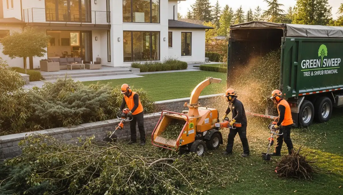 Professional shrub removal service clearing overgrown bushes in Bellevue, NE yard