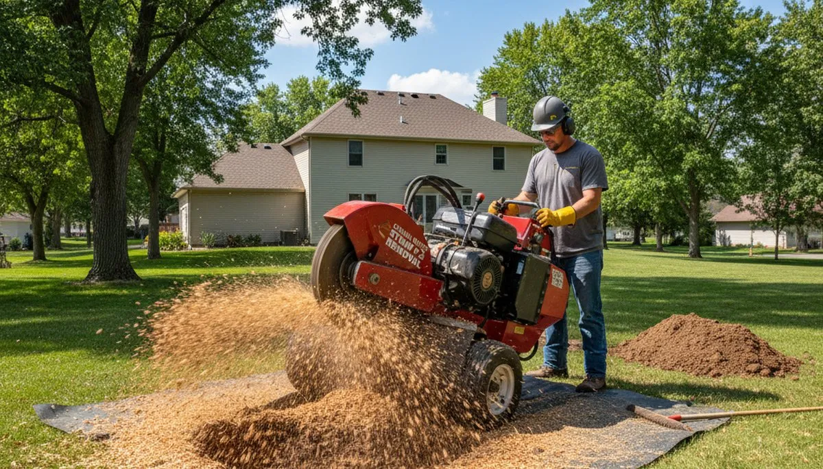 Professional stump grinding service removing tree stumps in Council Bluffs IA near Bellevue NE yard