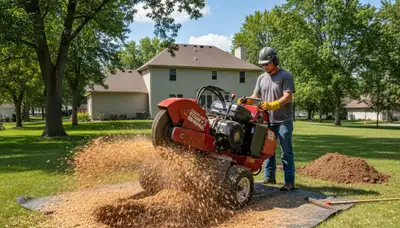 Professional stump grinding service removing tree stumps in Council Bluffs IA near Bellevue NE yard