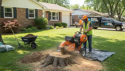 Professional stump grinding service removing tree stumps in Bellevue, NE for lawn restoration
