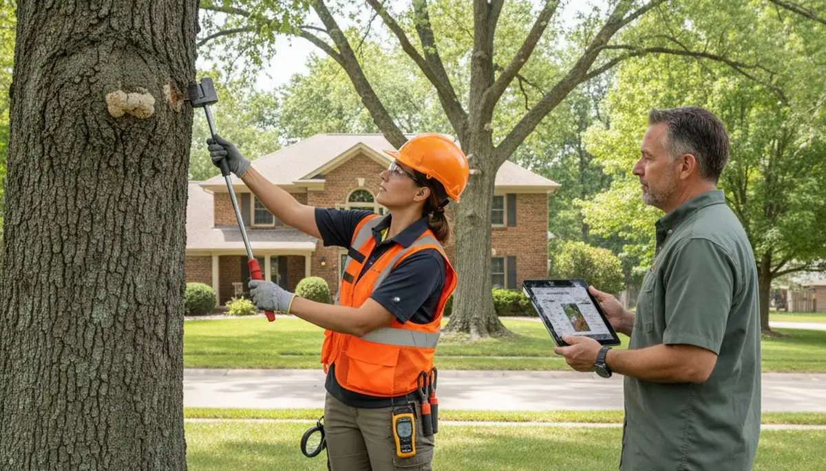 Certified arborist performing tree health assessment for homeowners in Council Bluffs IA near Bellevue NE