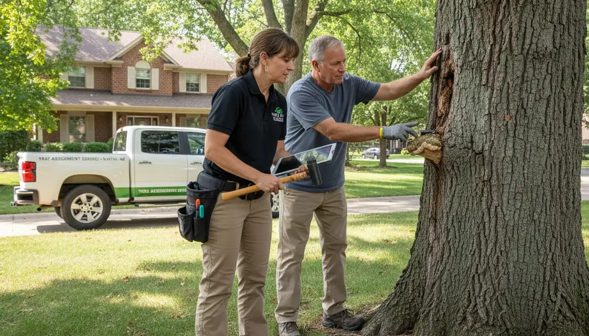 Certified arborist performing tree health assessment for homeowners in La Vista, NE near Bellevue