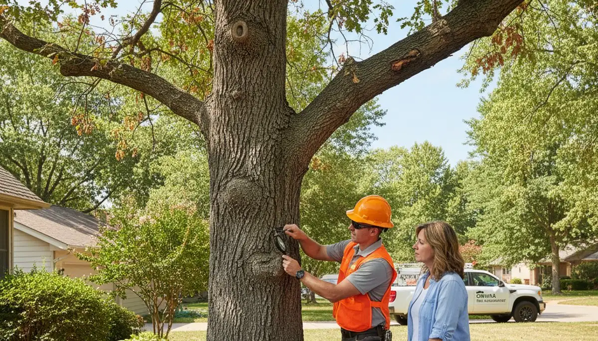 Certified arborist performing tree health assessment for homeowners in Bellevue, NE