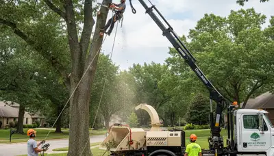 Professional tree removal service team working in Bellevue, NE yard