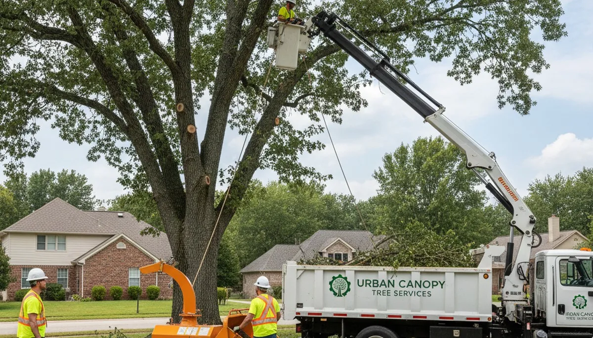 Professional tree removal service team working safely in Bellevue, NE yard