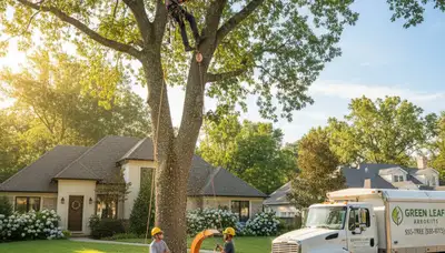 Arborist trimming oak branches in Bellevue, NE for professional tree care and seasonal pruning services