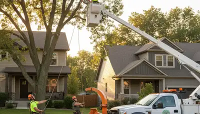 Professional tree removal service in Bellevue, NE safely cutting down large oak tree