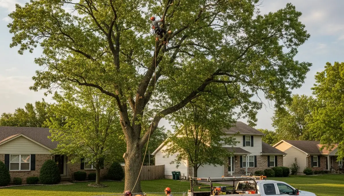 Professional tree removal service crew working in Bellevue, NE residential yard