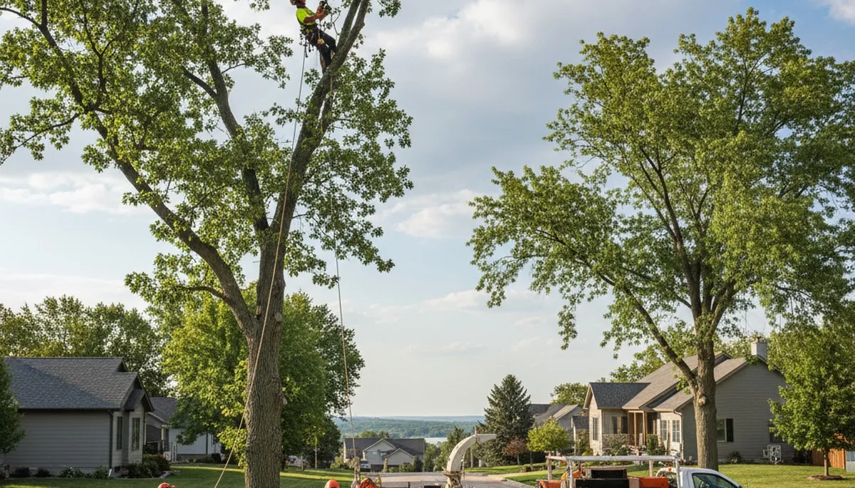 Professional tree removal service team working safely in Bellevue, NE neighborhood