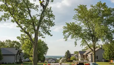 Professional tree removal service team working safely in Bellevue, NE neighborhood